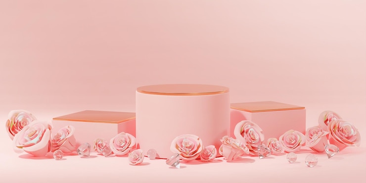 Photo pétales de rose rose et affichage du produit diamond three podium wedding valentine 3d render