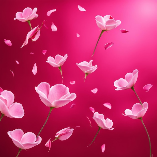 Photo des pétales de rose volants sur un fond rose