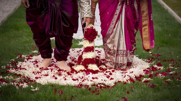 Les pétales de roses couvrent le jardin vert prêt pour le mariage hindou traditionnel