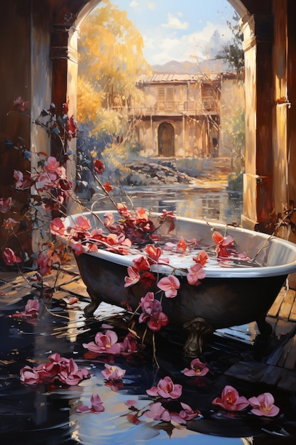 Les pétales de roses florales dans la baignoire inspirés par Craig Mullins