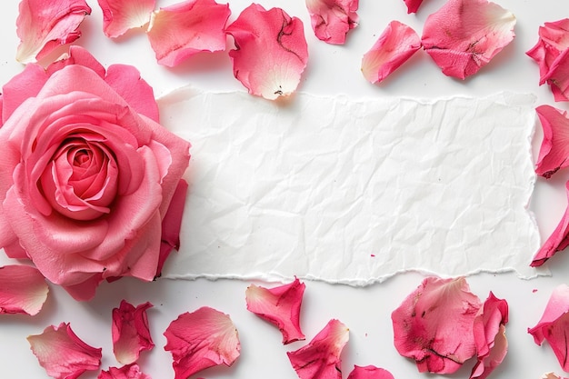 Pétales de roses sur papier avec maquette féminine d'espace de copie