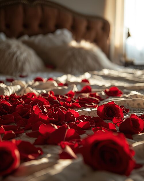 Pétales de roses rouges sur le lit dans la chambre Concept de la Saint-Valentin