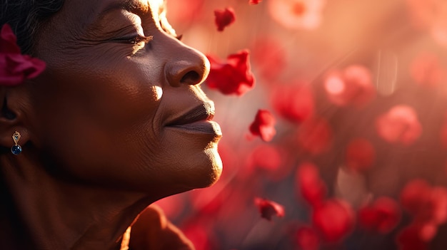 Les pétales de roses rouges tombent délicatement sur le visage d'une femme noire d'âge moyen en gros plan.