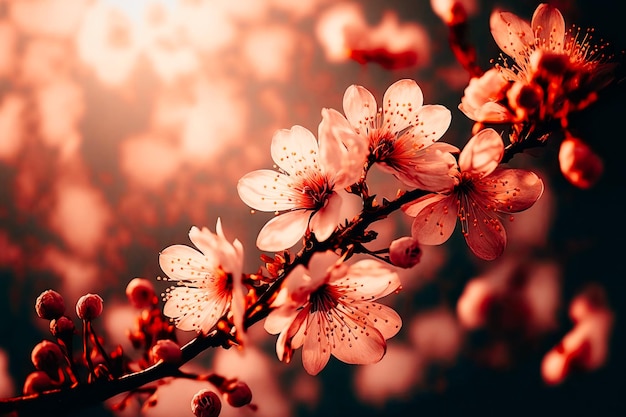Les pétales roses tendres des fleurs de cerisier contrastent avec le coucher de soleil chaud