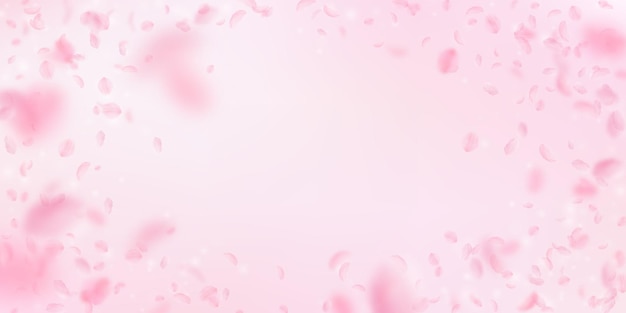 Pétales De Sakura Tombant. Vignette Romantique De Fleurs Roses. Pétales Volants Sur Fond Large Rose. Amour, Concept Romantique. Faire-part De Mariage Rare.