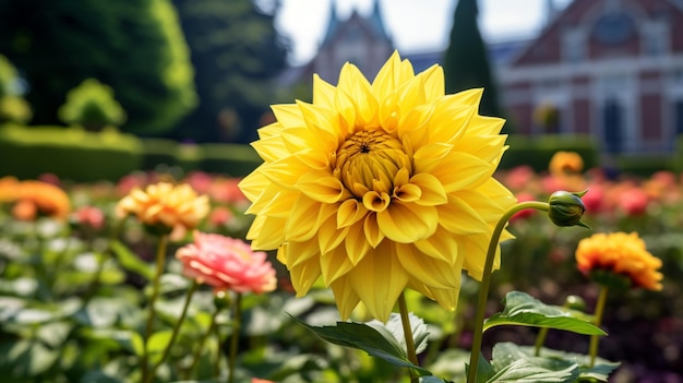 pétales vibrants d'un dahlia jaune dans un jardin formel