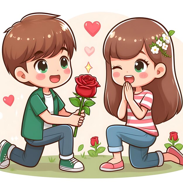 Un petit ami demande sa petite amie en mariage avec une rose.
