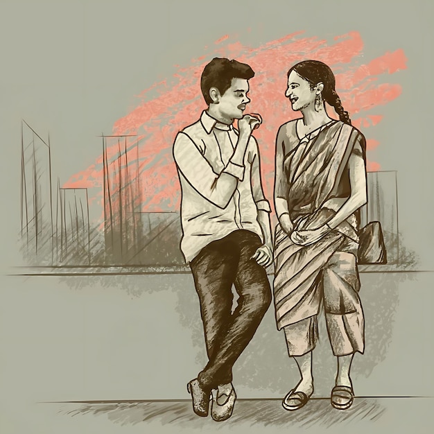 Photo le petit ami et la petite amie parlent ensemble dessin d'art illustration culture bengali