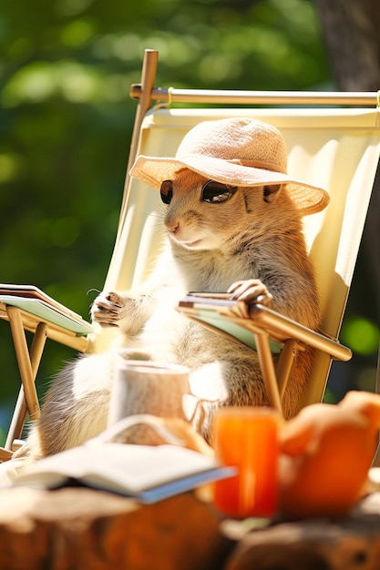 Photo petit animal assis sur une chaise de jardin à lire un livre