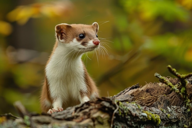 Un petit animal brun et blanc avec une longue queue se tient sur une bûche