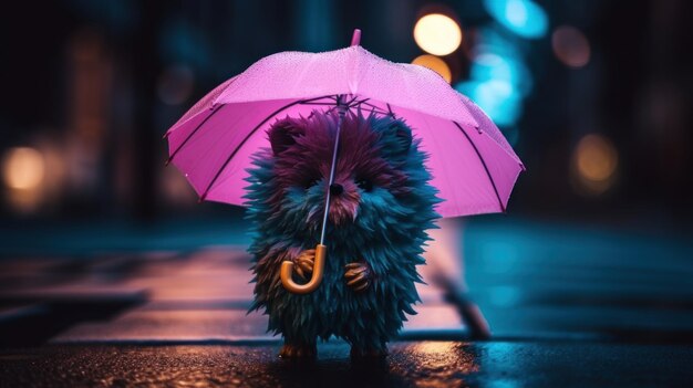 Un petit animal à fourrure tenant un parapluie rose Image AI générative