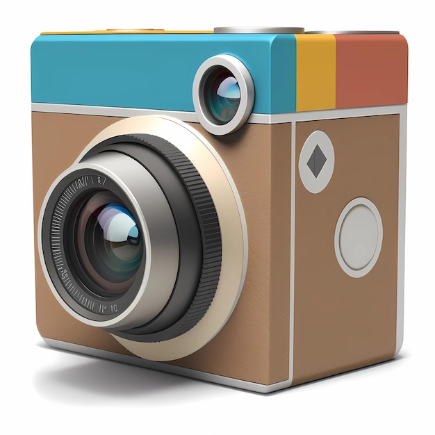 Un petit appareil photo avec un couvercle bleu, orange et jaune.