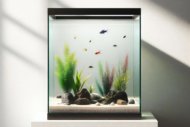 Photo petit aquarium avec quelques poissons et plantes