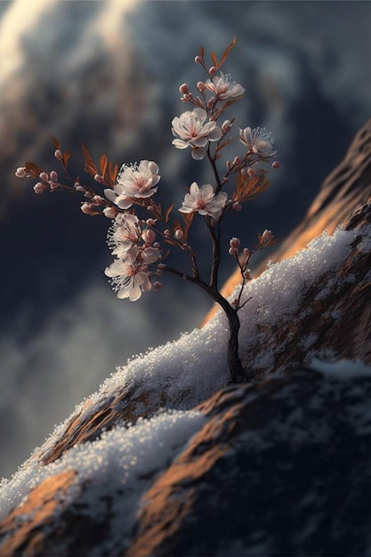 Petit arbre assis au sommet d'un rocher couvert de neige ai générative