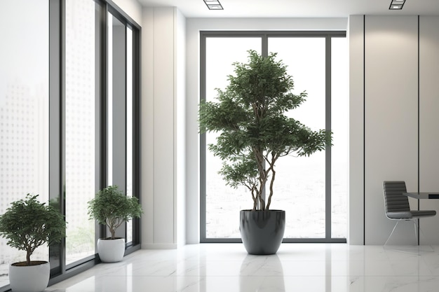 Un petit arbre dans un pot gris un hall de bureau blanc et un bureau au loin peuvent tous être vus via la vitre panoramique une maquette