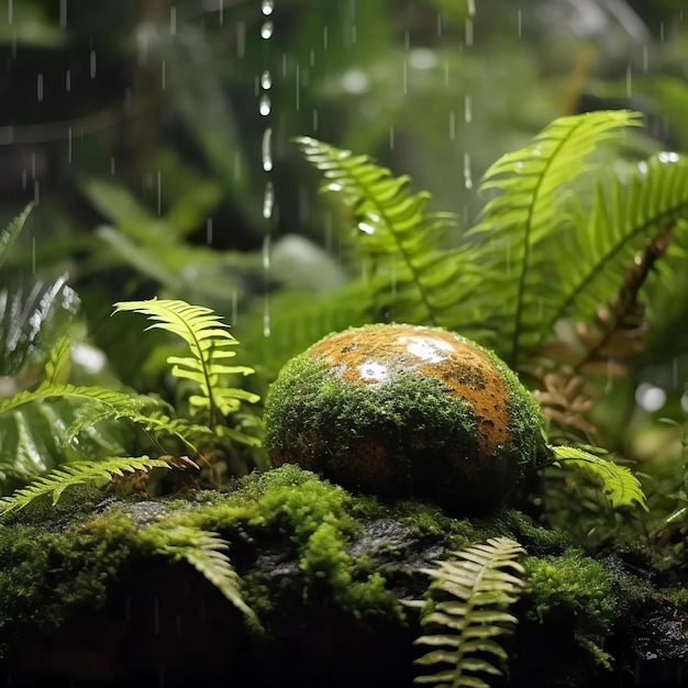 Un petit arbre émerge de la mousse sous la pluie