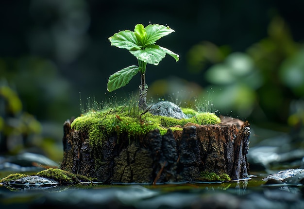 Un petit arbre est sur une souche au milieu de la rivière.