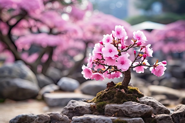 Un petit arbre avec des fleurs roses poussant sur des rochers