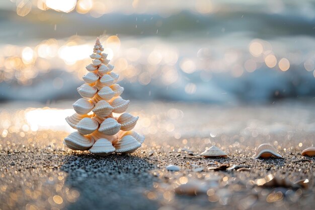 Un petit arbre de Noël à coquilles de mer avec un espace de copie situé sur le rivage