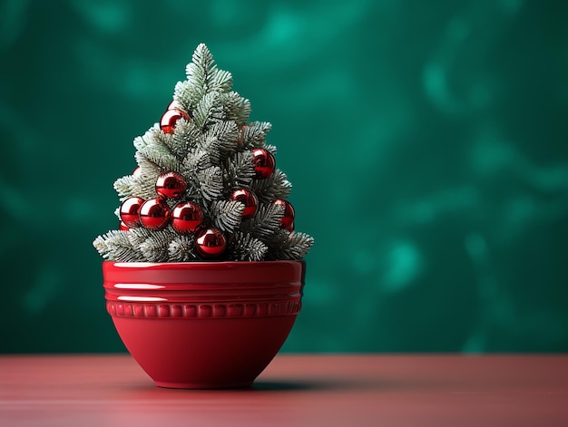 un petit arbre avec des ornements dans un pot rouge