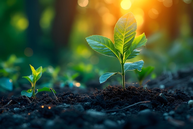 Photo petit arbre panoramique poussant avec le lever du soleil monde vert et le concept de la journée de la terre