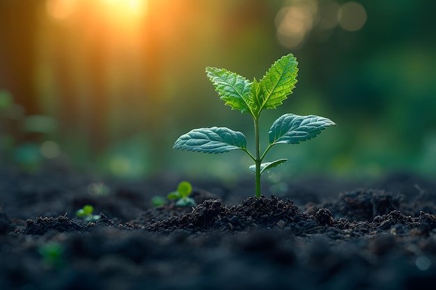 Photo petit arbre panoramique poussant avec le lever du soleil monde vert et le concept de la journée de la terre