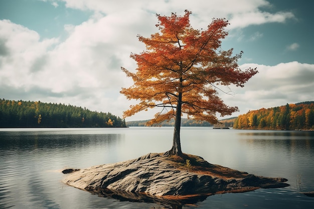 Un petit arbre poussant sur un lac