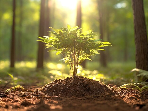 Photo un petit arbre pousse dans la forêt avec le soleil qui brille à travers les arbres