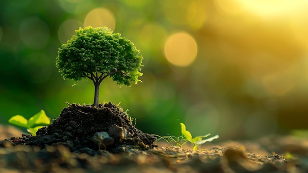 un petit arbre qui pousse dans le sol avec le soleil derrière lui