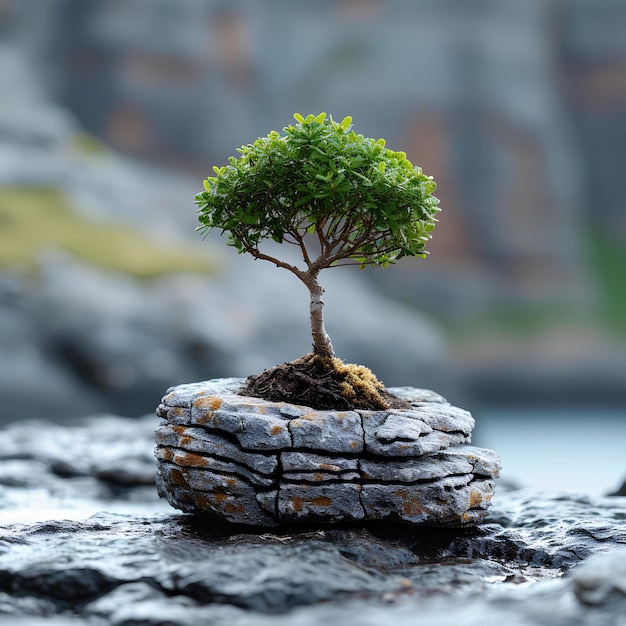 Un petit arbre qui pousse sur un rocher