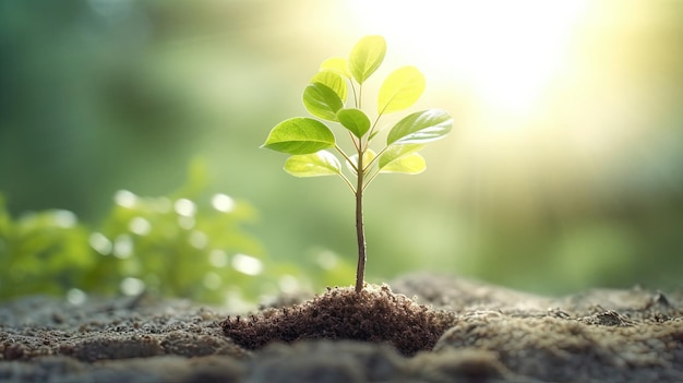 petit arbre qui pousse avec le soleil dans le jardin