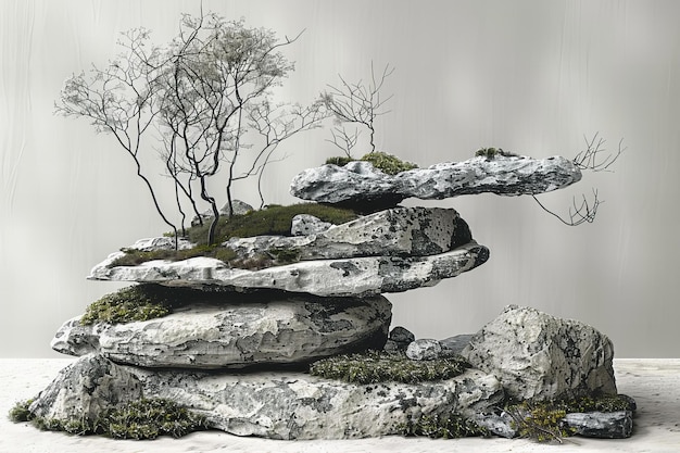 un petit arbre sur un rocher avec une cascade en arrière-plan