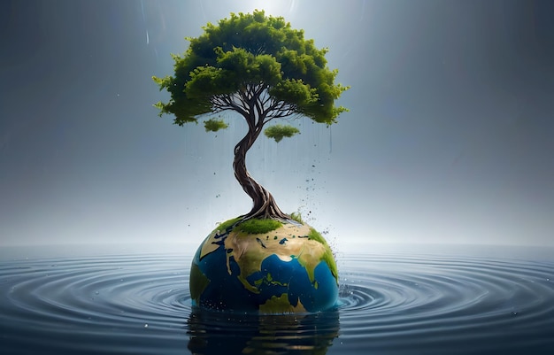 petit arbre et la terre dans l'eau le jour de la terre globe recycle