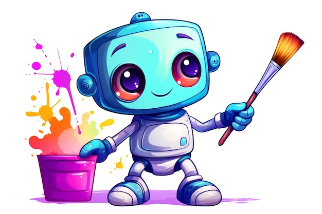 Un petit artiste robot souriant tient un pinceau et un seau de peinture isolés sur un fond blanc Illustration générative d'IA dans le style de dessin animé