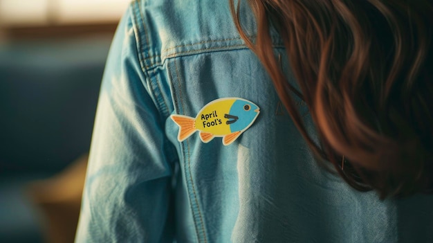 Un petit autocollant de poisson en papier est sur l'épaule arrière avec le texte du jour des imbéciles d'avril.