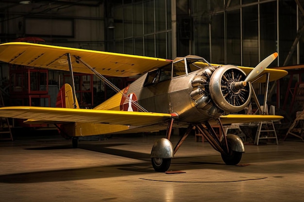 un petit avion jaune avec un drapeau rouge sur la queue.