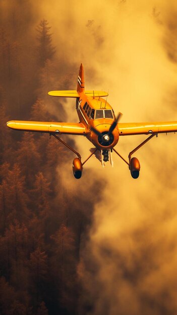 Photo un petit avion jaune volant à travers un ciel nuageux