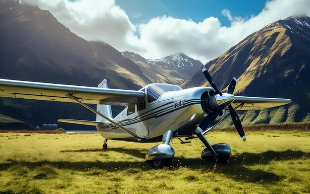 Un petit avion rouge et jaune assis au sommet d'un champ verdoyant AI