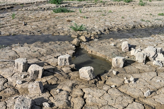 Petit bassin d'eau dans un champ de terre sèche et fissurée Réchauffement climatique et effet de serre