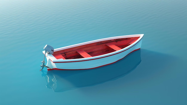 Petit bateau en bois avec moteur hors-bord Le bateau est peint en rouge et blanc L'eau est calme et bleue Le bateauest ancré et ne bouge pas
