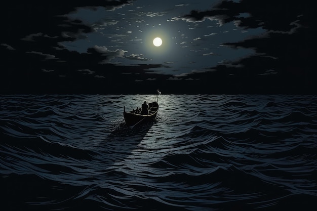 Un petit bateau dans l'océan sombre.