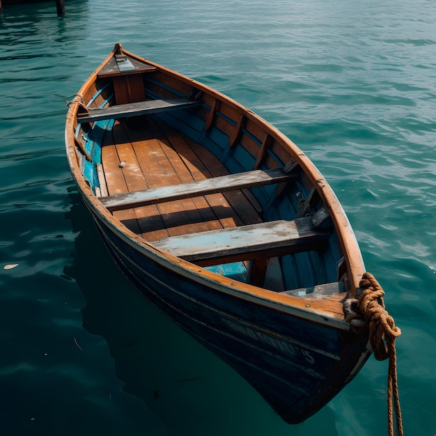 Un petit bateau est attaché à une corde bleue et marron.