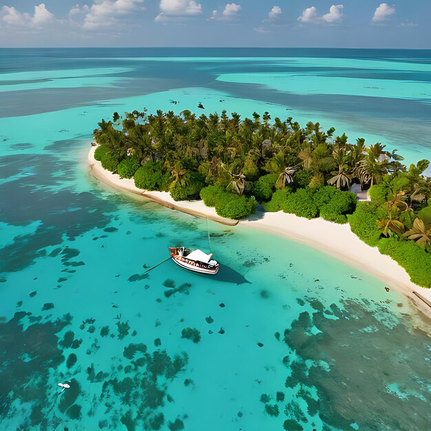 un petit bateau est sur l'eau près d'une petite île