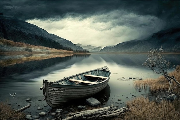 Un petit bateau sur un lac serein L'eau est calme et reflète les arbres et le ciel environnants Generative AI