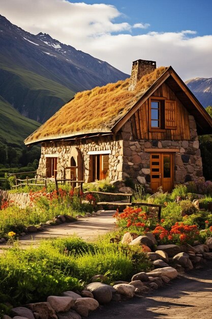 un petit bâtiment en pierre avec un toit d'herbe