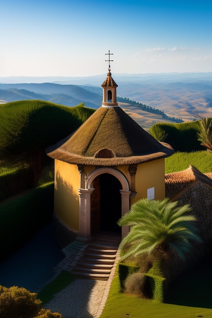 Un petit bâtiment avec un toit de chaume et une colline en arrière-plan.