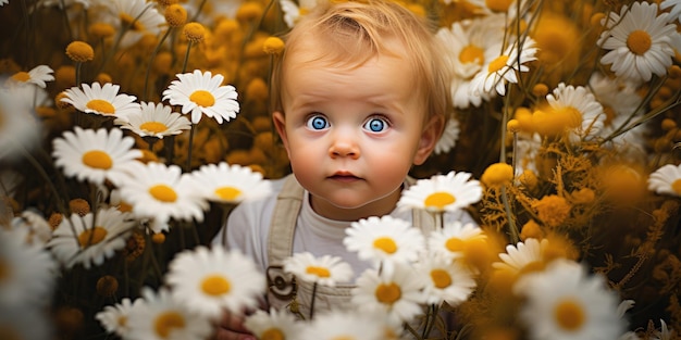 Petit bébé allemand dans un champ de camomille Photo de haute qualité AI générative