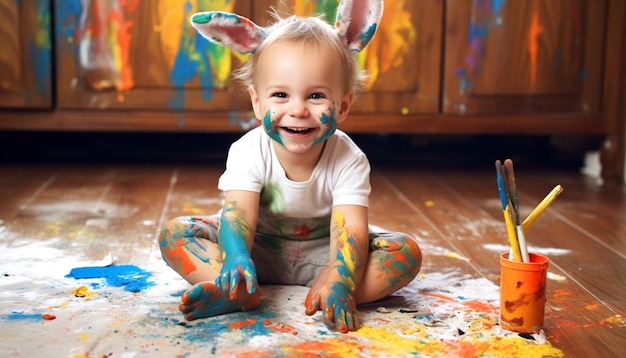 Un petit bébé assis sur le sol avec de la peinture sur tout son visage.