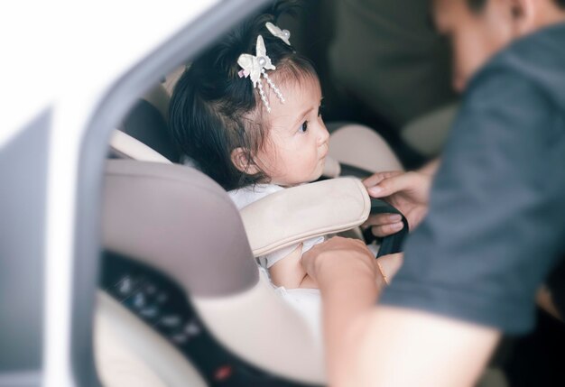 Petit bébé attaché avec une ceinture de sécurité dans le siège d'auto de sécurité Petite fille bouclée dans son siège d'auto Adorable petite fille assise dans la voiture Image de la sécurité avant de conduire la voiture