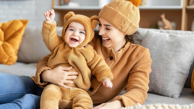 Petit bébé en costume d'ours en peluche avec la bannière de la fête des mères